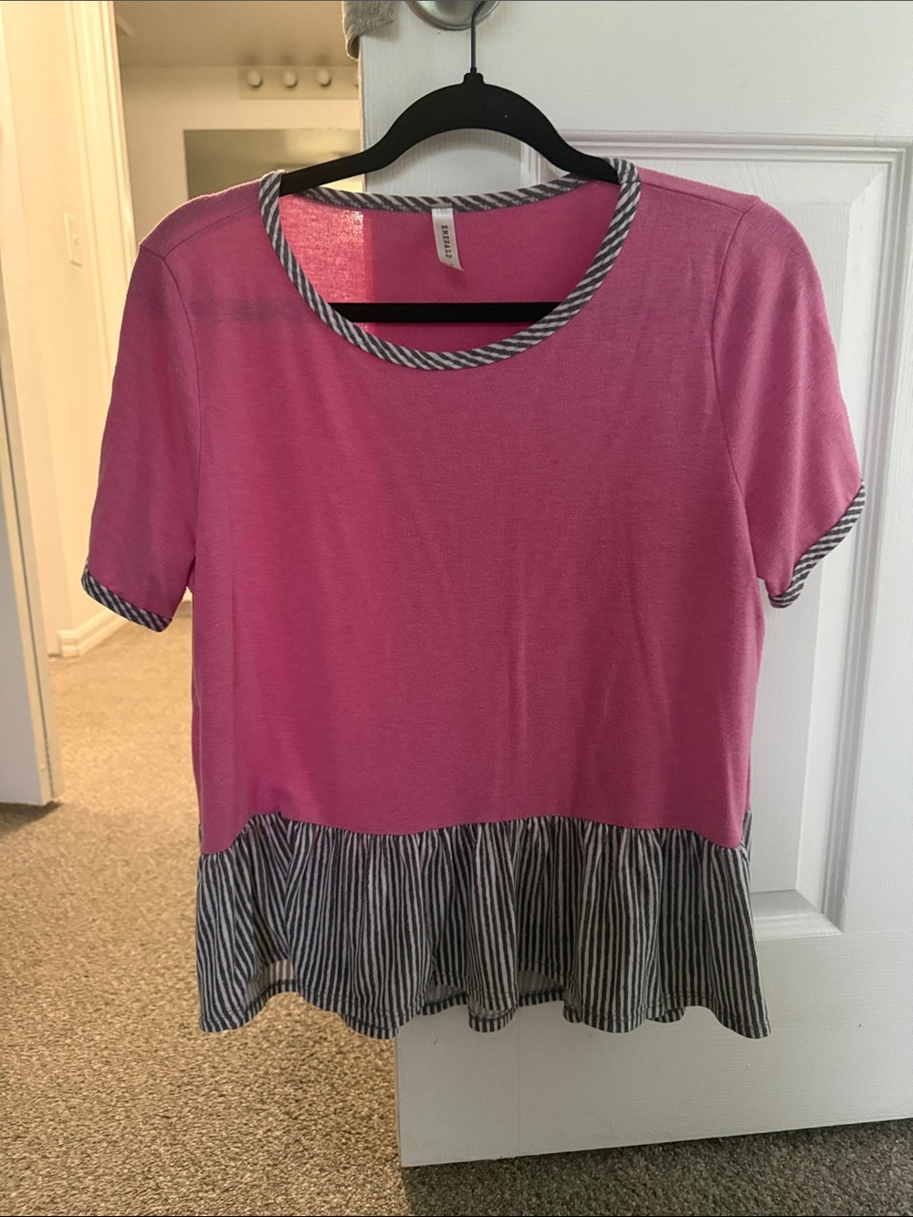 Emerald Pink Short Sleeve Peplum Top with Striped Hem